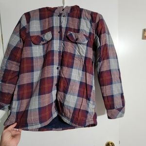 Red and blue flannel jacket with hood